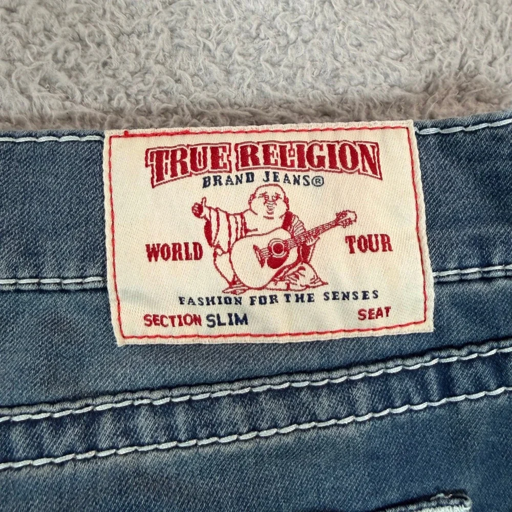 True Religion Section Slim Mens Jeans 40 Medium Wash White Contrast Stitch Blue